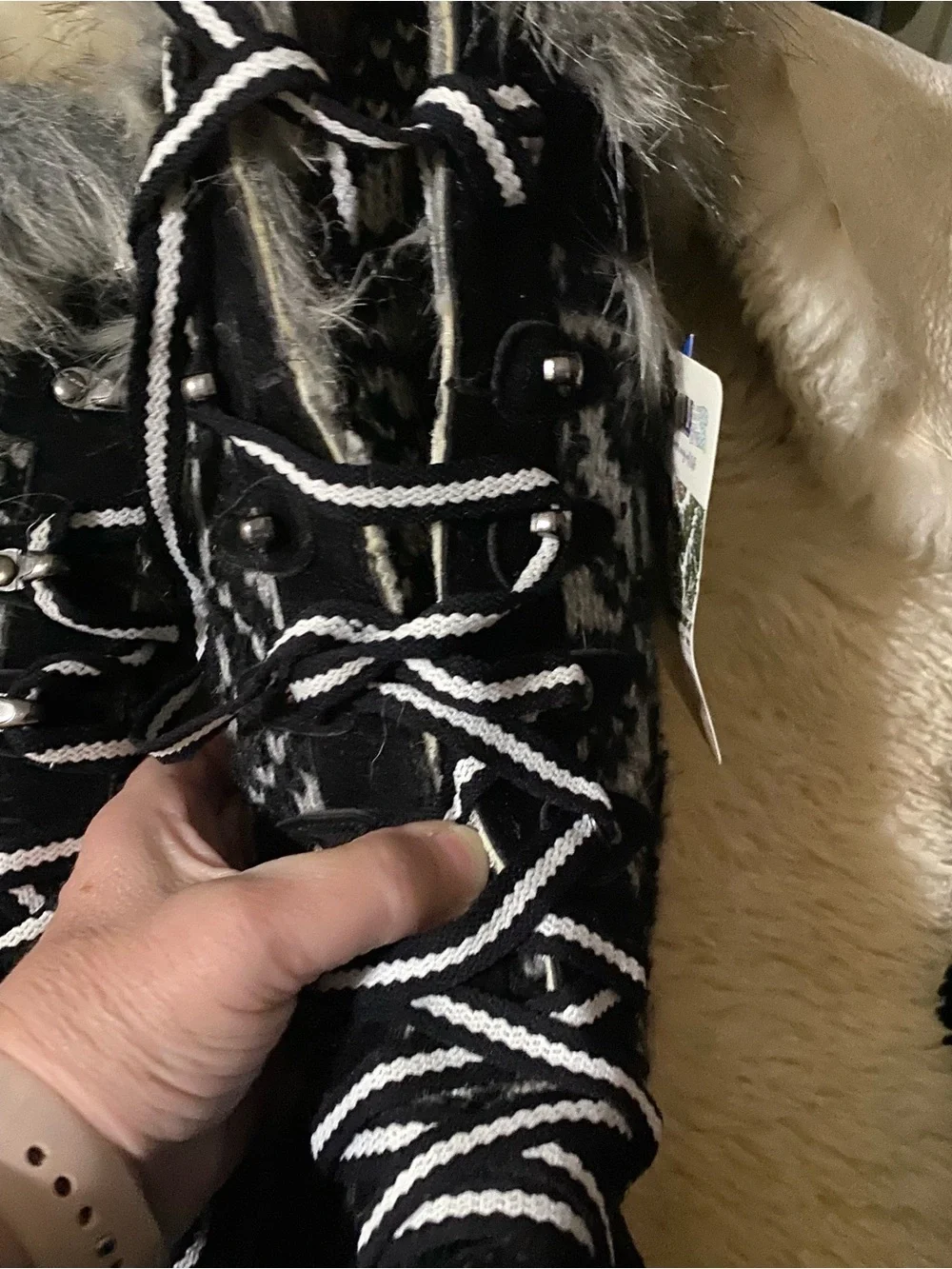 Muk Luks Black Fair Isle Knit Winter Boots Faux  Trim Lace Up Women's Size 9 New